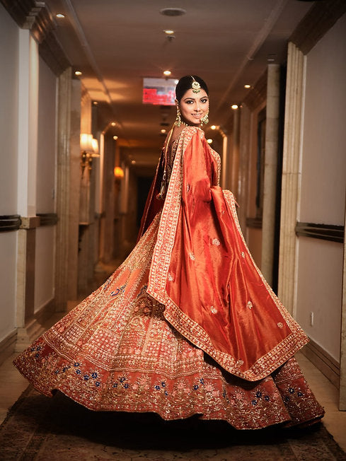 Mihrimah Rust Tissue Lehenga