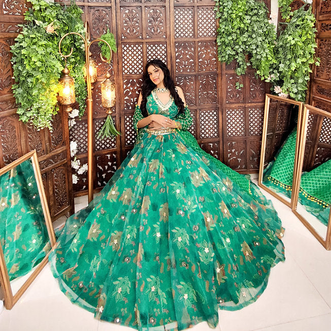 Elena Organza Green Lehenga
