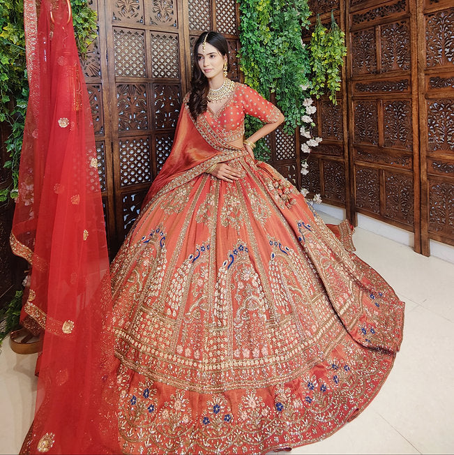 Mihrimah Rust Tissue Lehenga