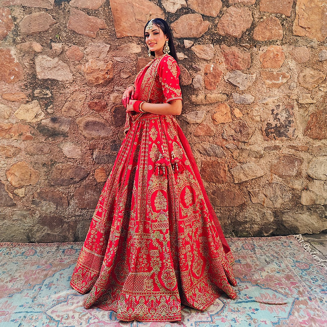 Naazim Raw Silk Red Lehenga
