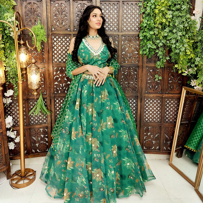 Elena Organza Green Lehenga