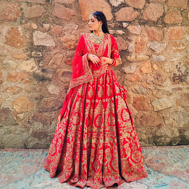 Naazim Raw Silk Red Lehenga