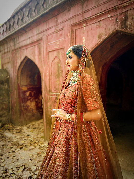 Zardozi Burnt Orange Pankh Embroidered Lehenga Set