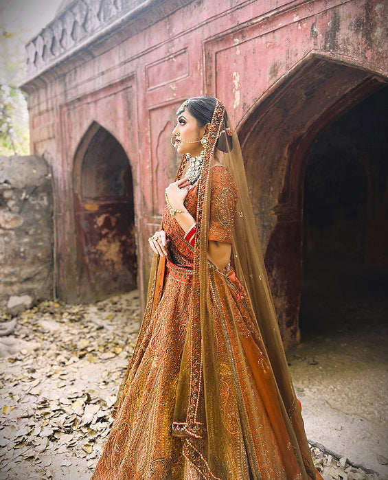 Zardozi Burnt Orange Pankh Embroidered Lehenga Set