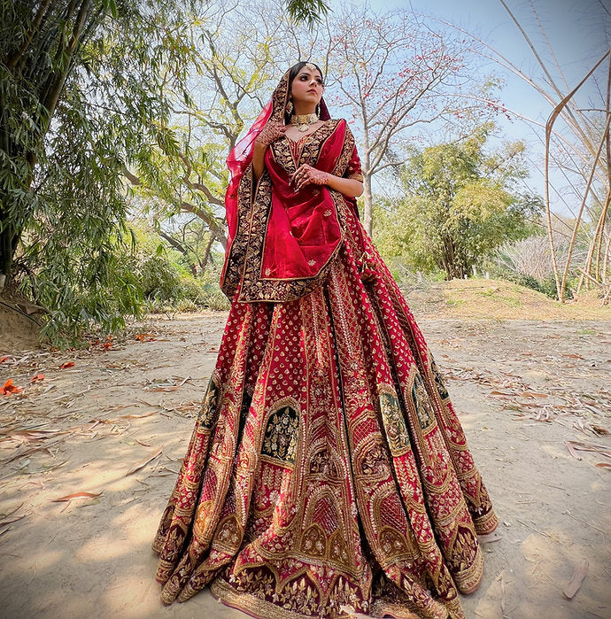 Kesari Maroon Embroidered Lehenga Set