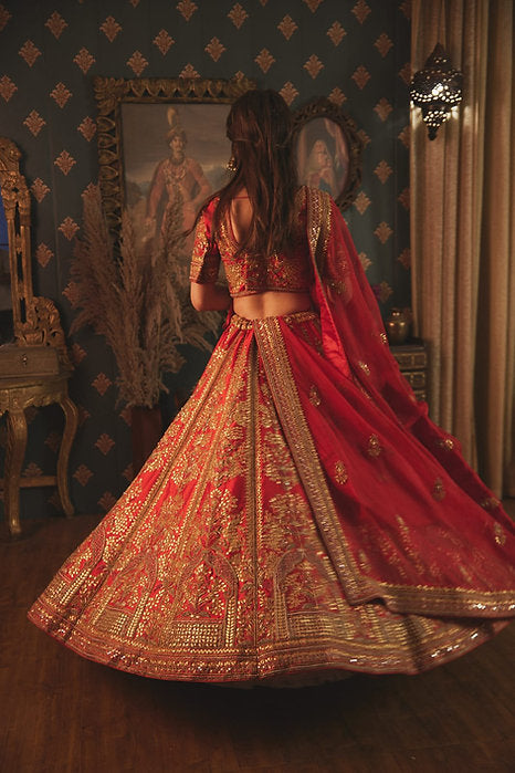 Red Ranisa Embroidered Lehenga Set