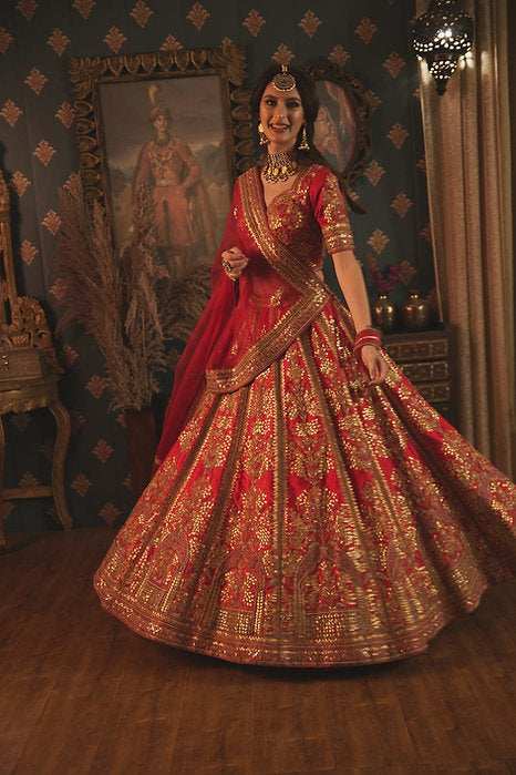 Red Ranisa Embroidered Lehenga Set