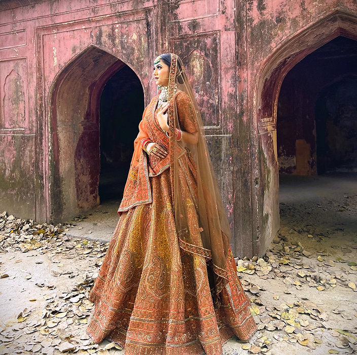 Zardozi Burnt Orange Pankh Embroidered Lehenga Set