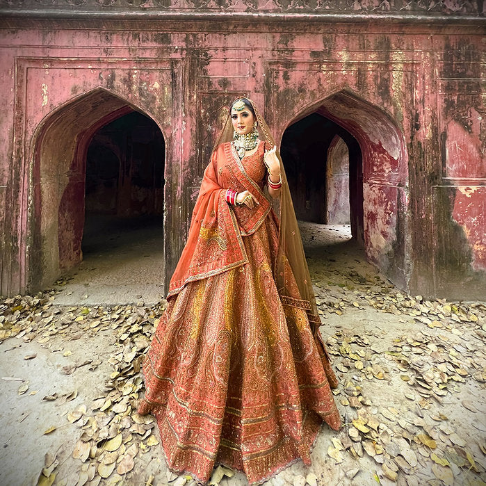 Zardozi Burnt Orange Pankh Embroidered Lehenga Set