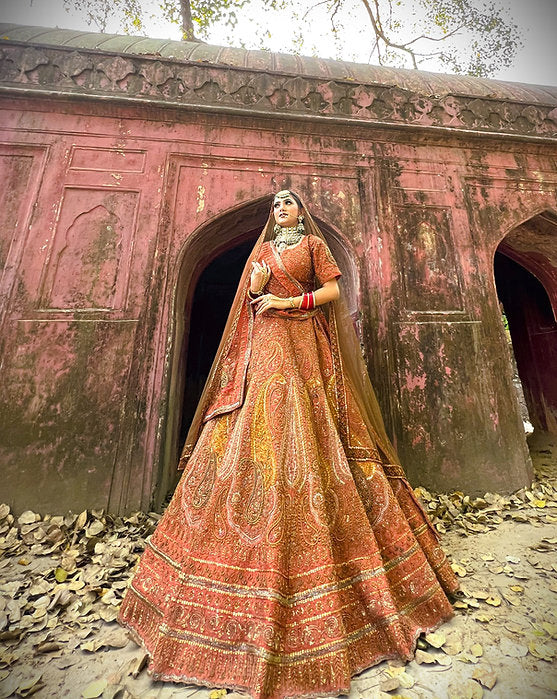 Zardozi Burnt Orange Pankh Embroidered Lehenga Set