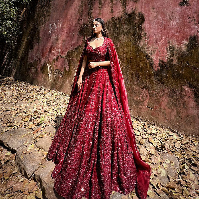 Ishana Maroon Embroidered Lehenga Set