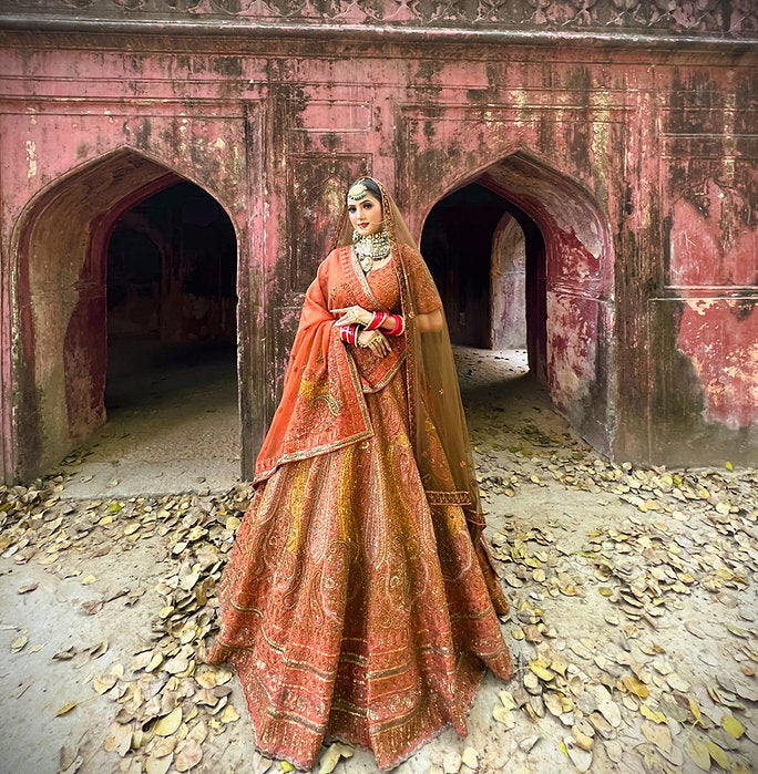 Zardozi Burnt Orange Pankh Embroidered Lehenga Set