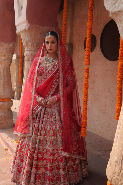 Vashti Red Hand Embroidered Bridal Lehenga