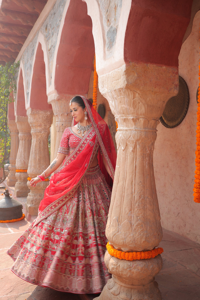 Vashti Red Hand Embroidered Bridal Lehenga