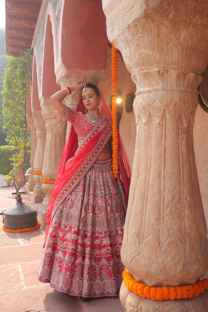 Vashti Red Hand Embroidered Bridal Lehenga