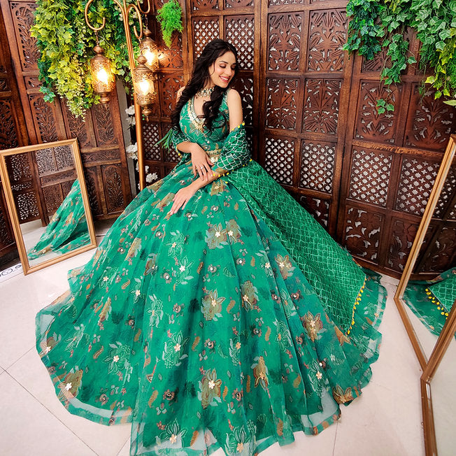 Elena Organza Green Lehenga