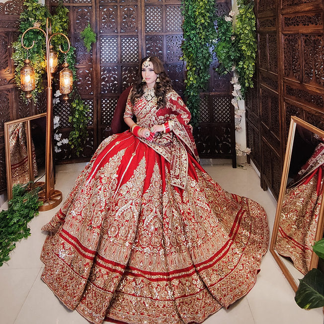 Uzma Scarlet Red Heavy Dupatta Lehenga