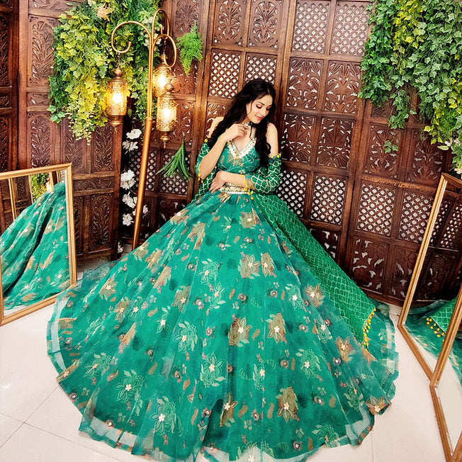 Elena Organza Green Lehenga