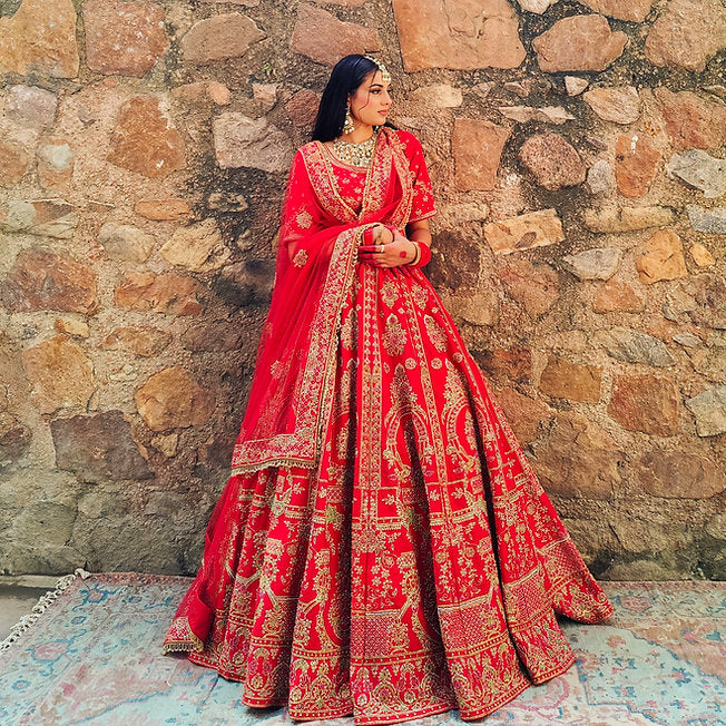 Naazim Raw Silk Red Lehenga