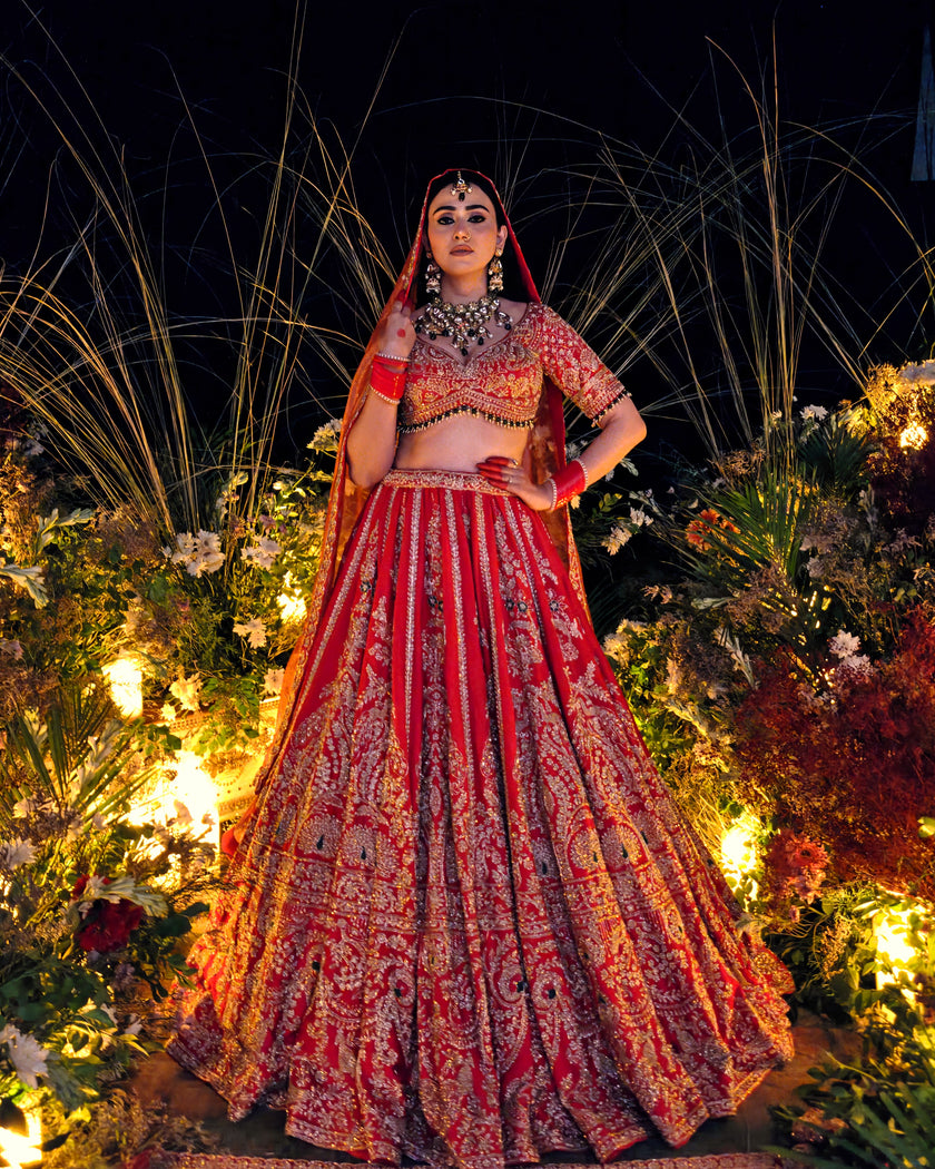 Anahita red bridal lehenga, cutdana and sequins embroidery detail, Amaltas Couture