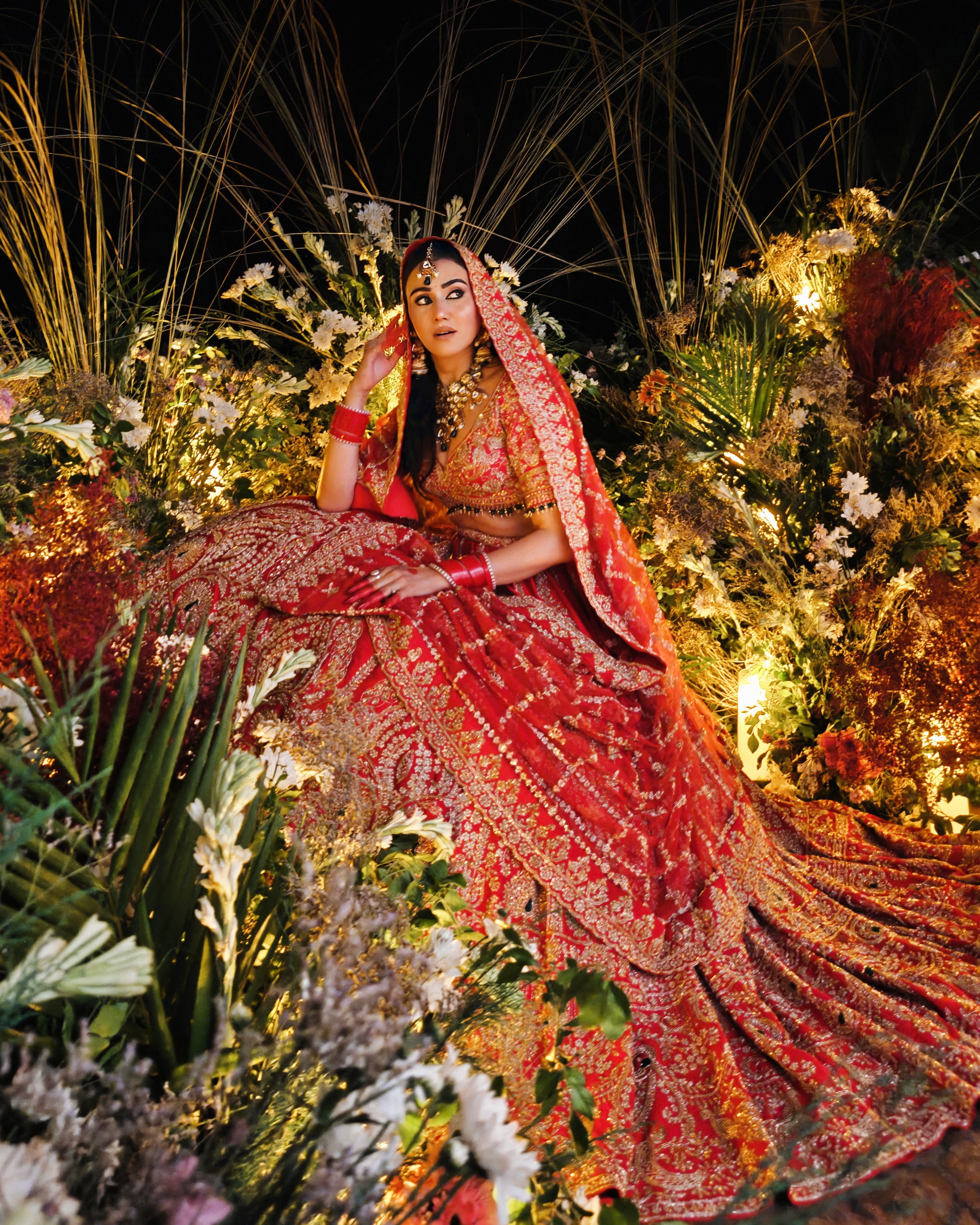 Anahita red silk bridal lehenga, hand embroidered ghera, Amaltas Couture