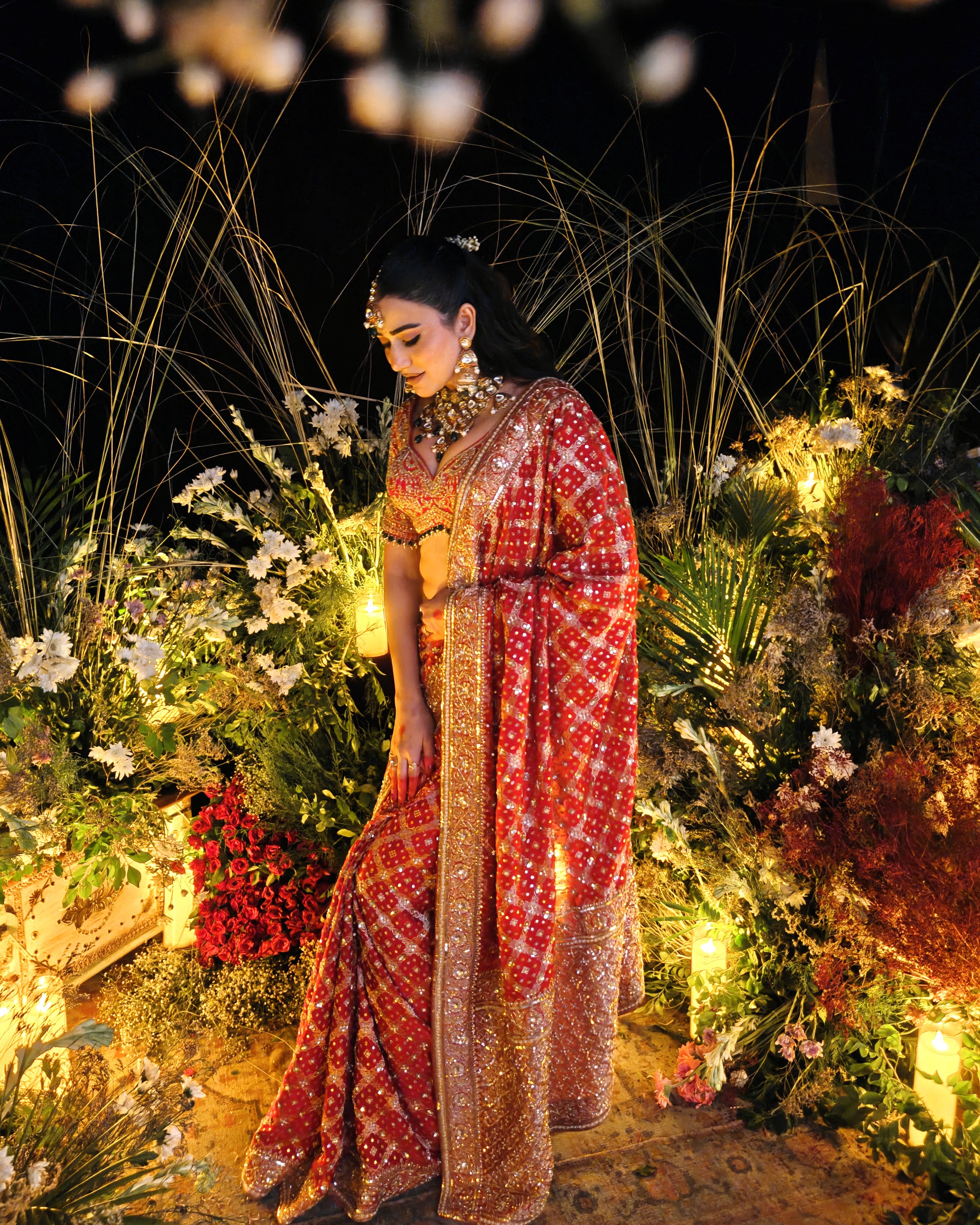 Taara red Banarasi bandhej saree, cutdana and sequins embroidery detail, Amaltas Couture
