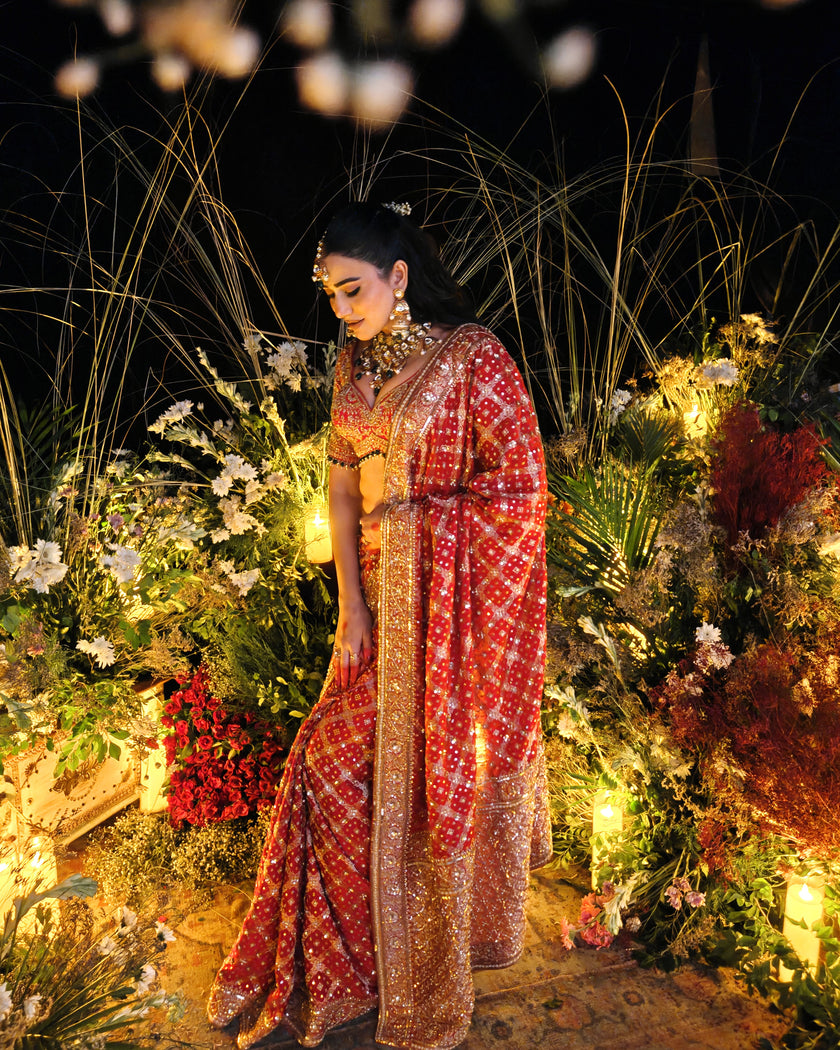 Taara red Banarasi bandhej saree, cutdana and sequins embroidery detail, Amaltas Couture
