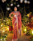 Taara red Banarasi bandhej saree, full drape, Amaltas Couture