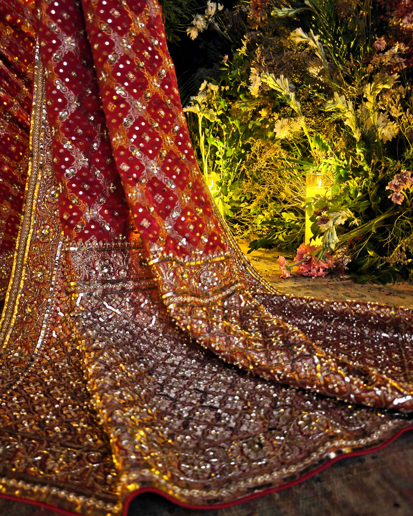Taara red Banarasi bandhej saree, hand embroidered blouse, Amaltas Couture