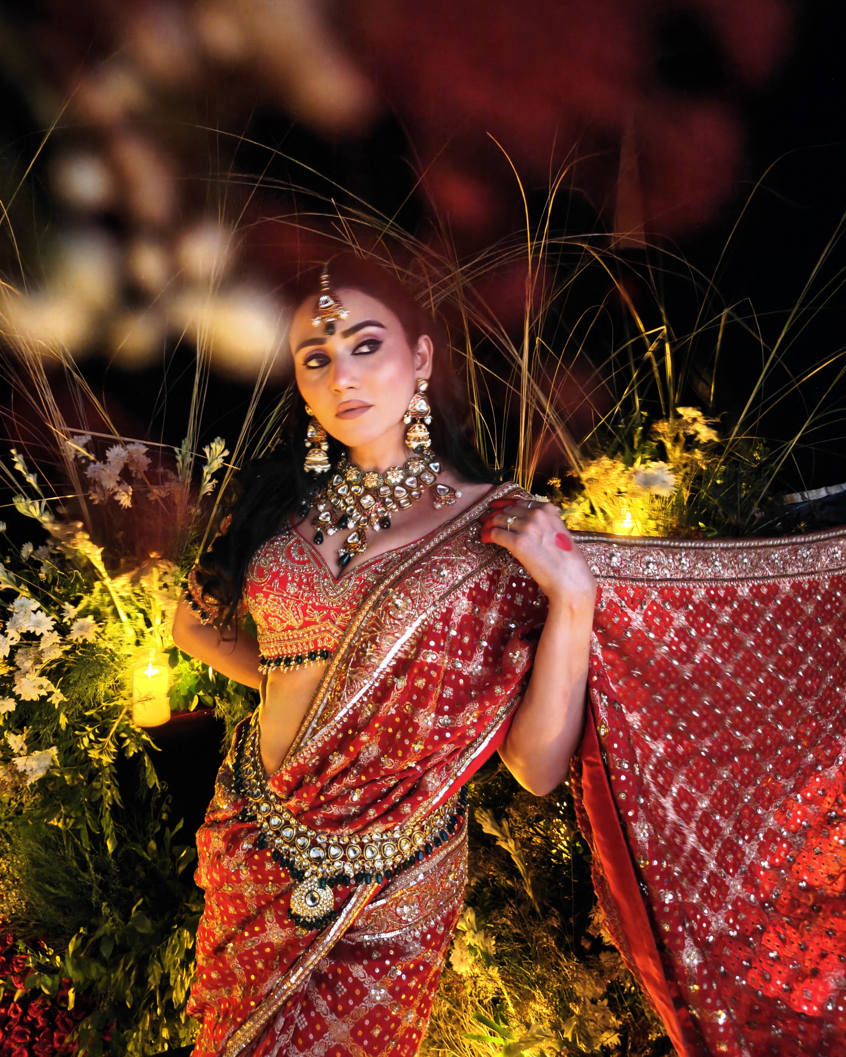 Taara red Banarasi bandhej saree, hand embroidered by Amaltas Couture, front view