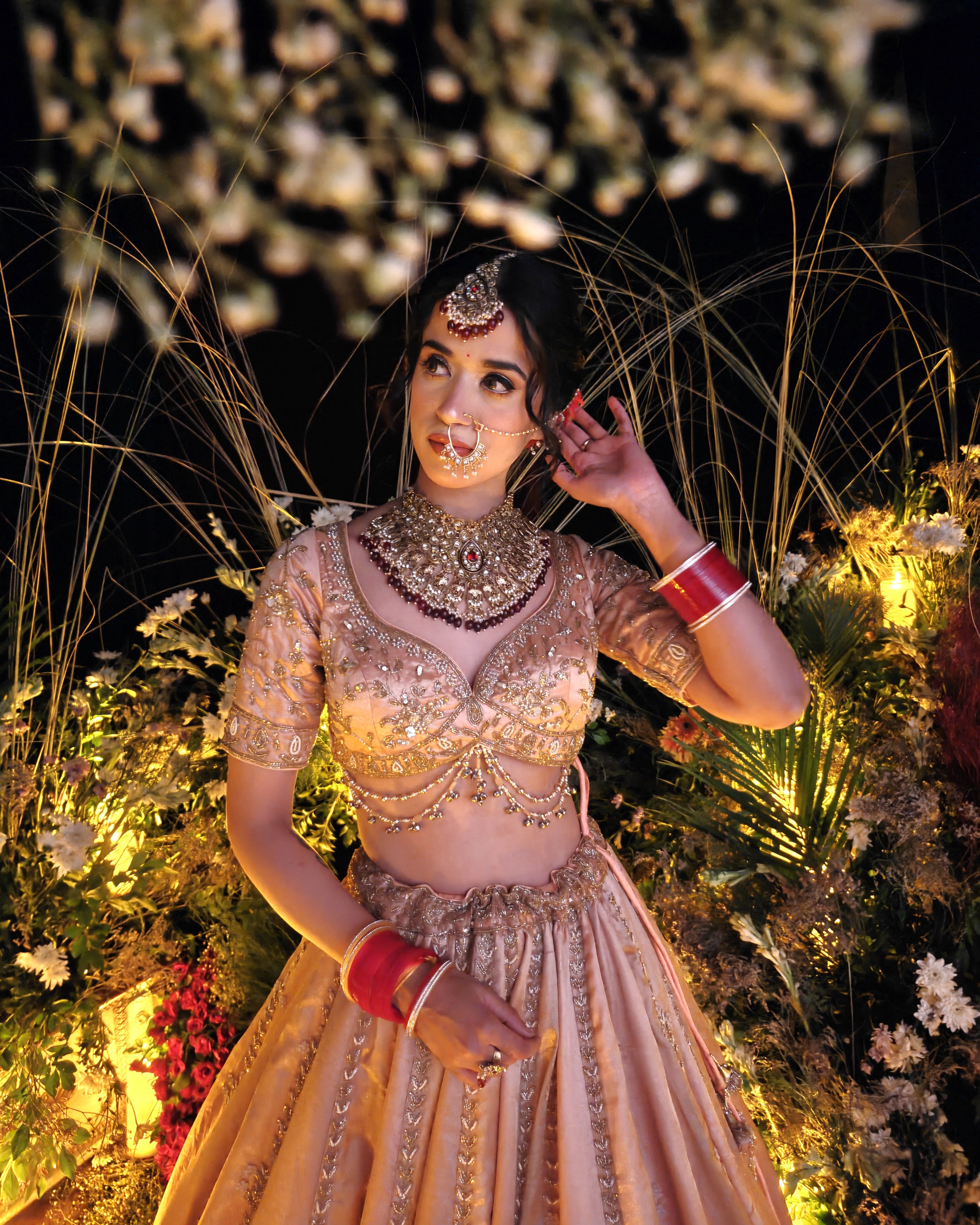 Aabida peach tissue bridal lehenga, mor motifs embroidery detail, Amaltas Couture