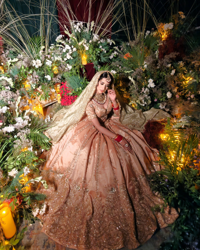 Aabida peach tissue bridal lehenga, close up of hand embroidery, Amaltas Couture