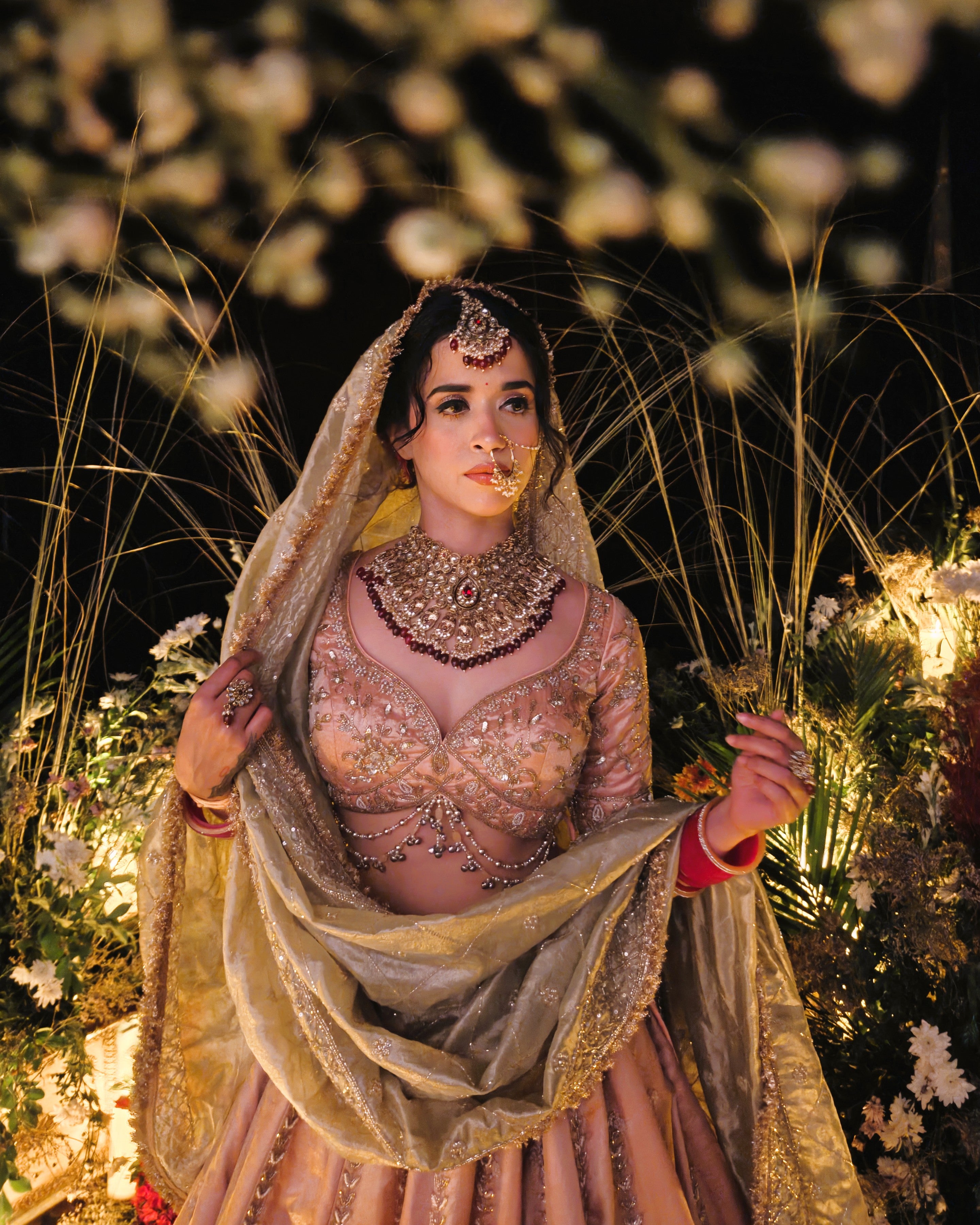 Aabida peach tissue bridal lehenga, styled for the wedding, Amaltas Couture