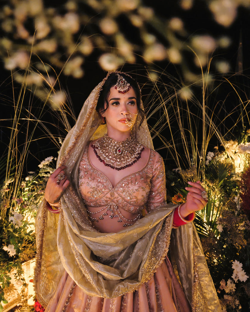 Aabida peach tissue bridal lehenga, styled for the wedding, Amaltas Couture