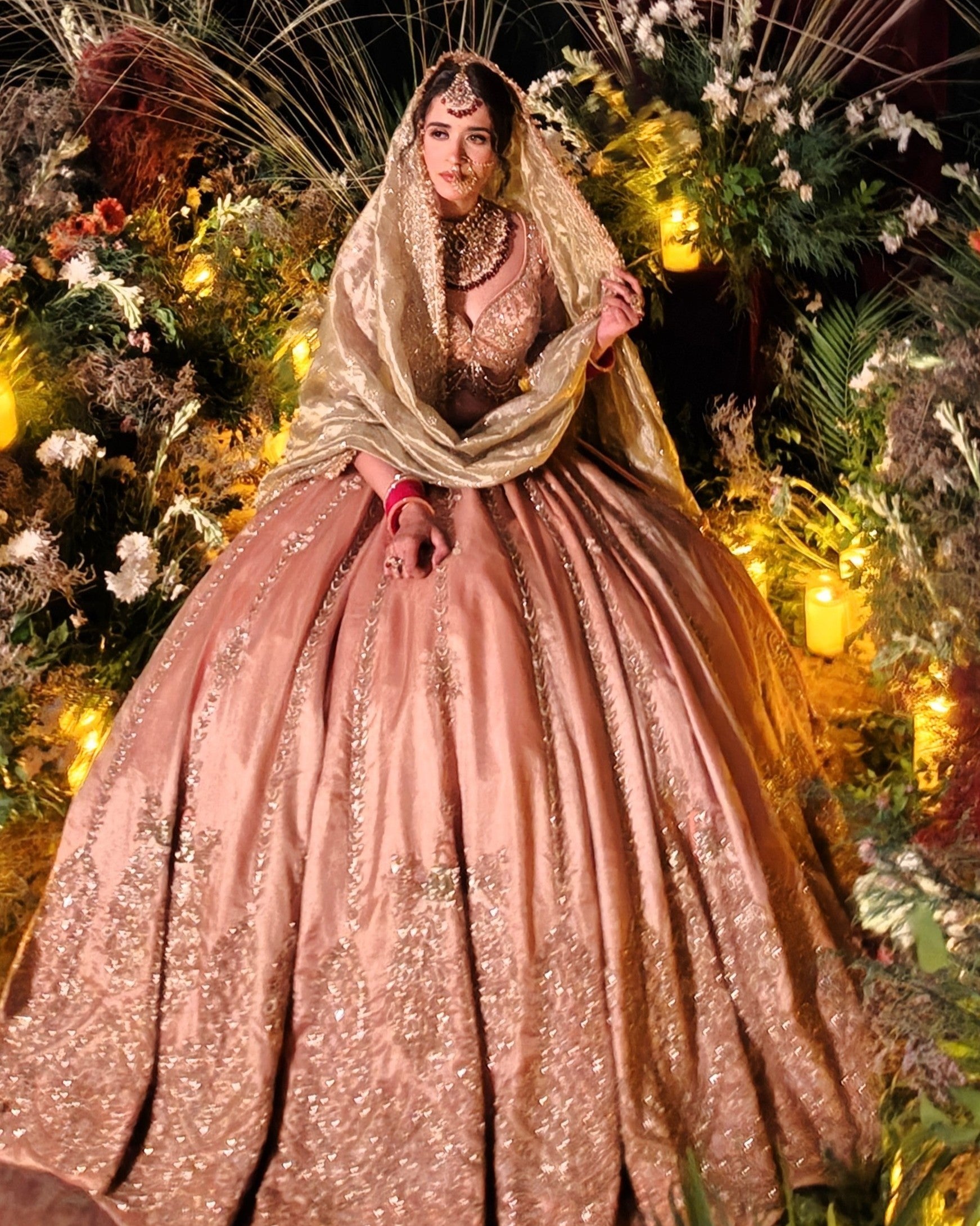 Aabida peach tissue bridal lehenga, hand embroidered blouse, Amaltas Couture