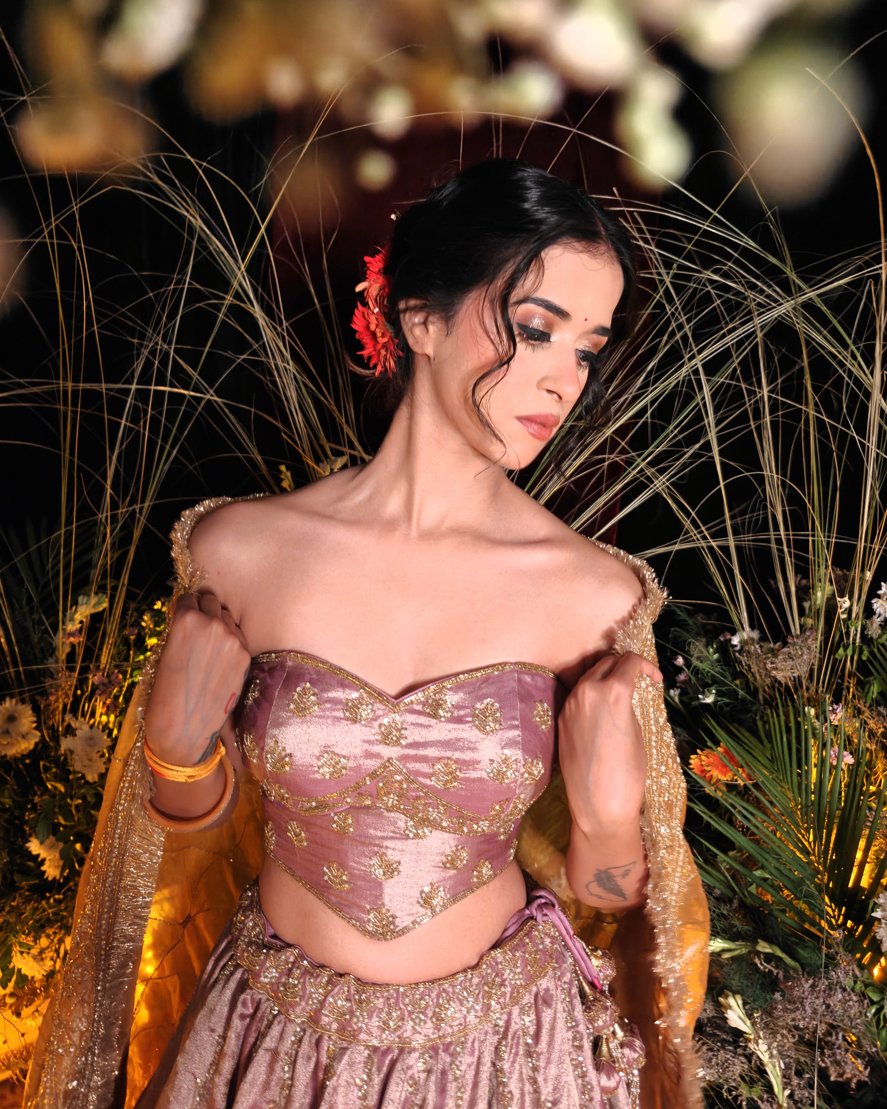 Perizaad mauve tissue lehenga with contrast yellow tissue dupatta, Amaltas Couture
