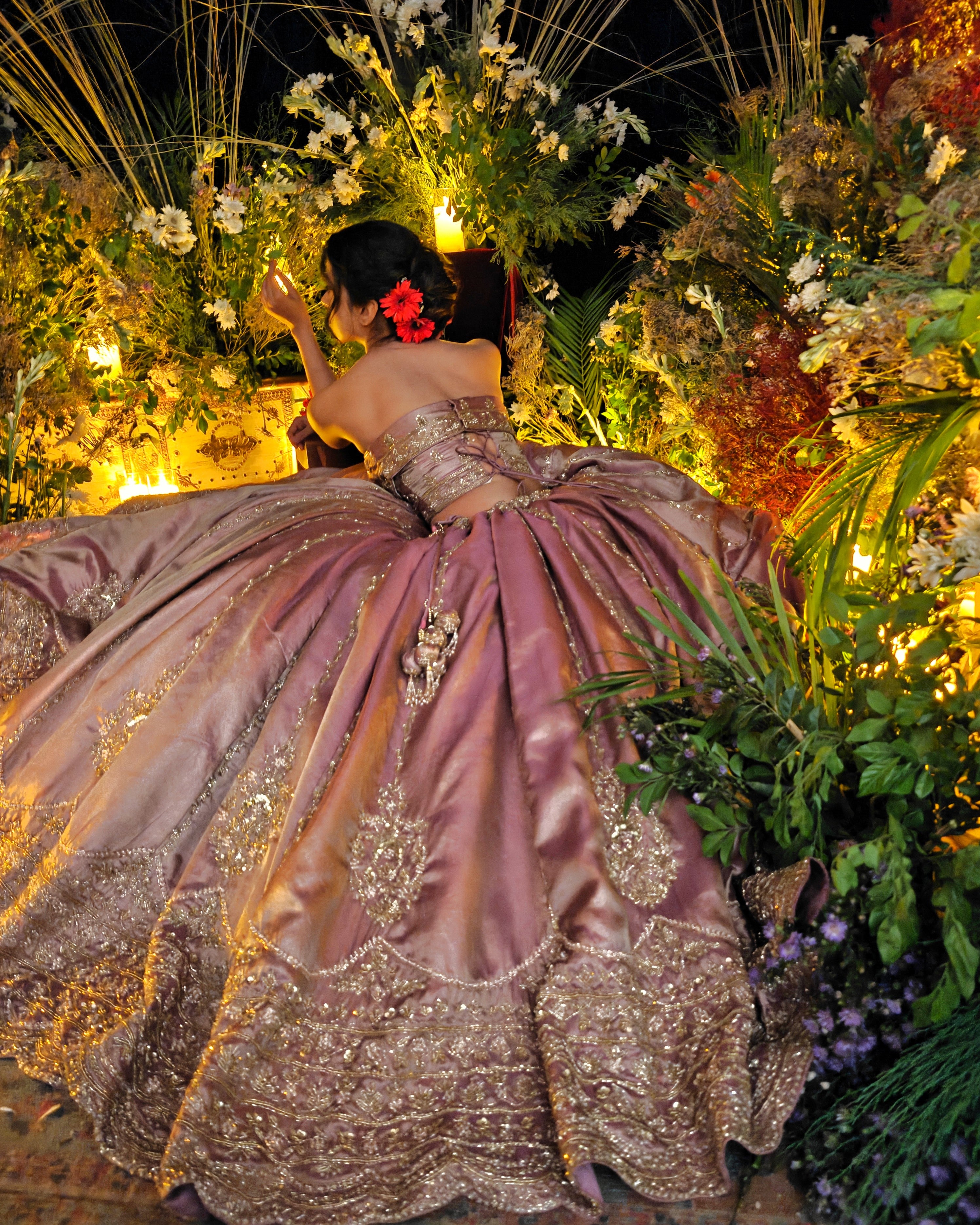 Perizaad mauve tissue lehenga, hand embroidered by Amaltas Couture, front view