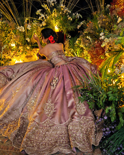 Perizaad mauve tissue lehenga, hand embroidered by Amaltas Couture, front view