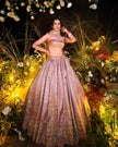 Perizaad mauve tissue lehenga, close up of hand embroidery, Amaltas Couture