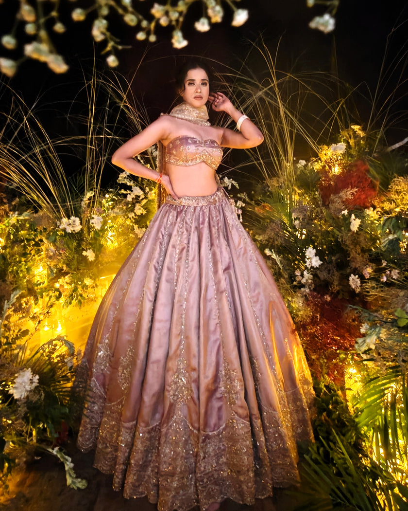 Perizaad mauve tissue lehenga, close up of hand embroidery, Amaltas Couture
