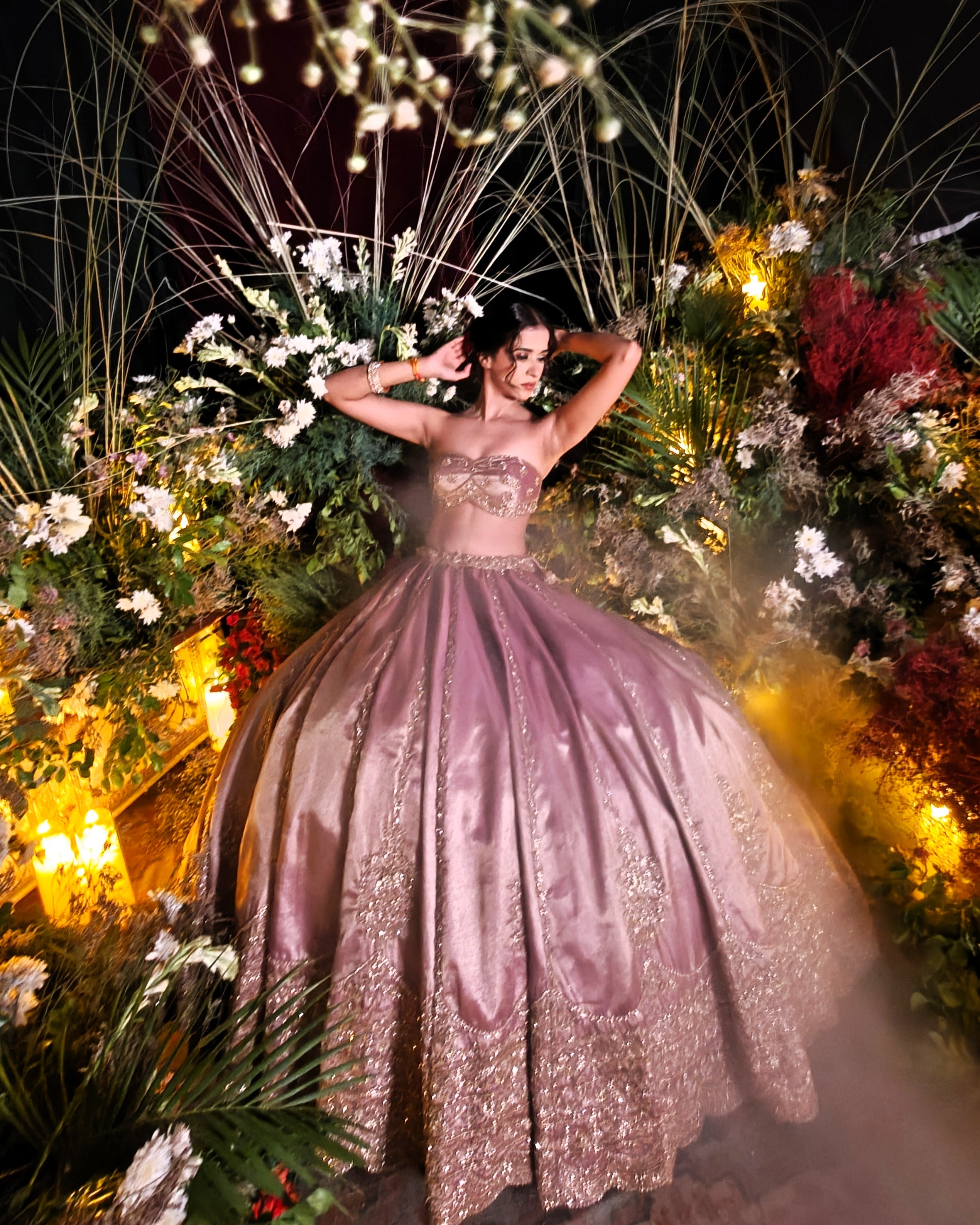 Perizaad mauve tissue lehenga, full ghera flare, Amaltas Couture