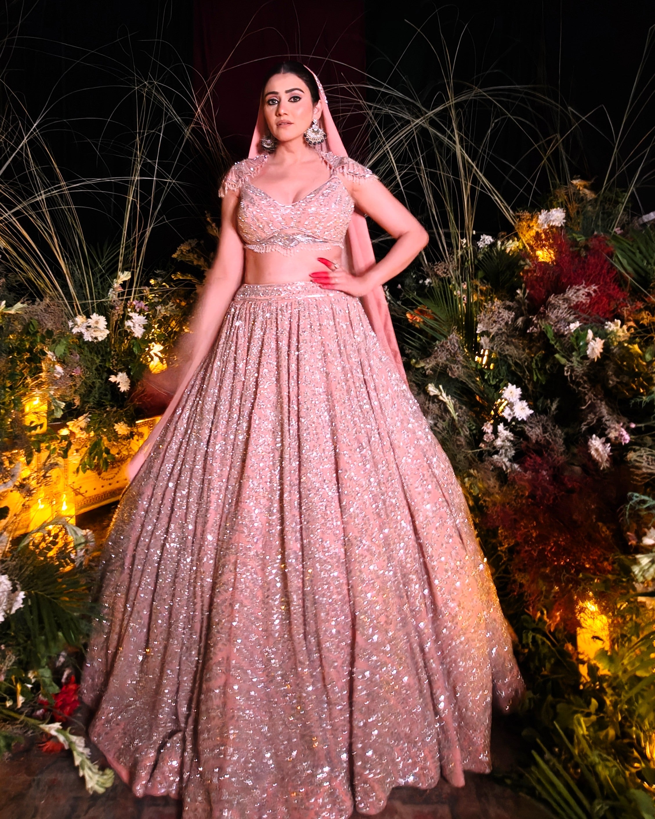 Noorie gold georgette bridal lehenga, hand embroidered by Amaltas Couture, front view