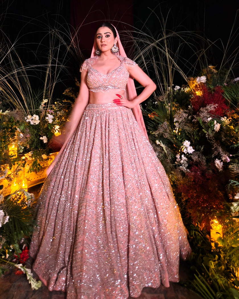 Noorie gold georgette bridal lehenga, hand embroidered by Amaltas Couture, front view