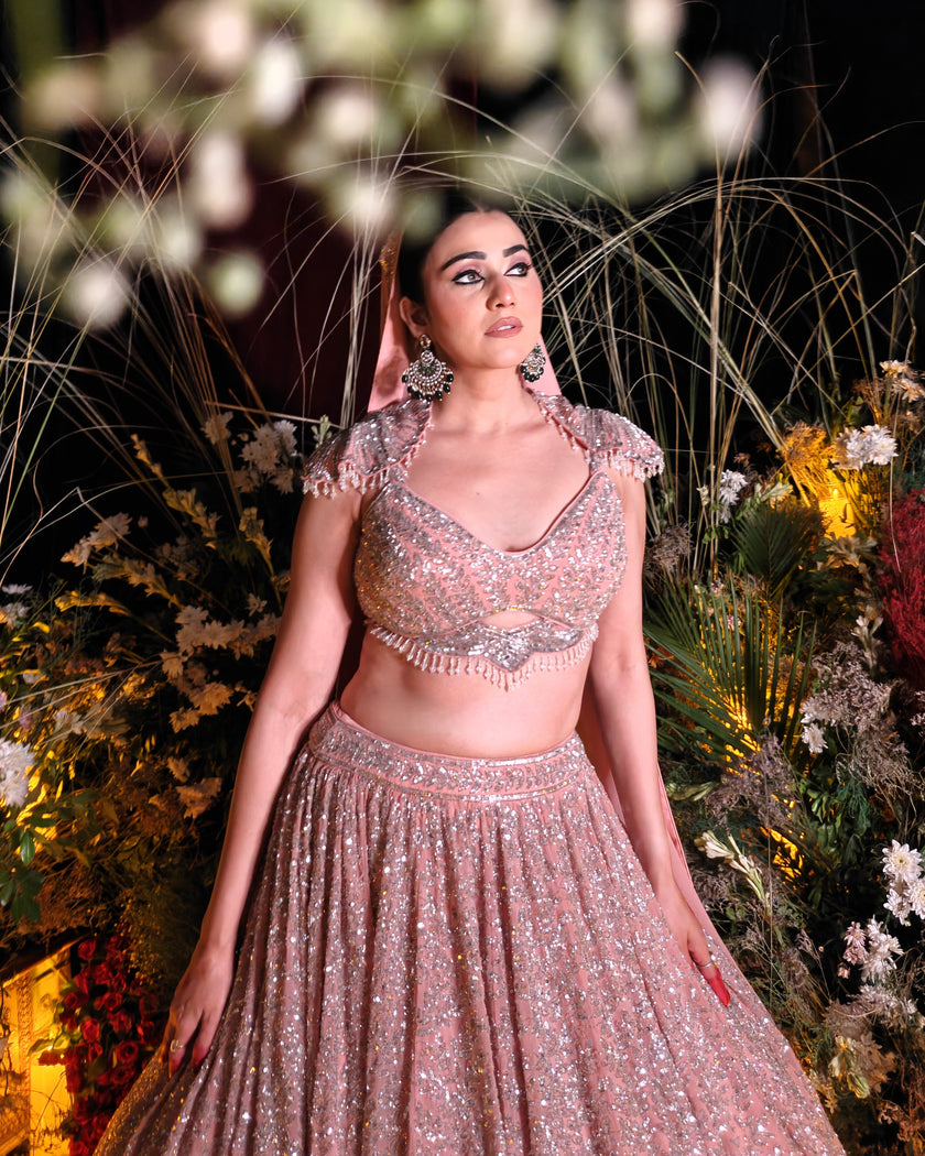 Noorie gold georgette bridal lehenga, full ghera flare, Amaltas Couture