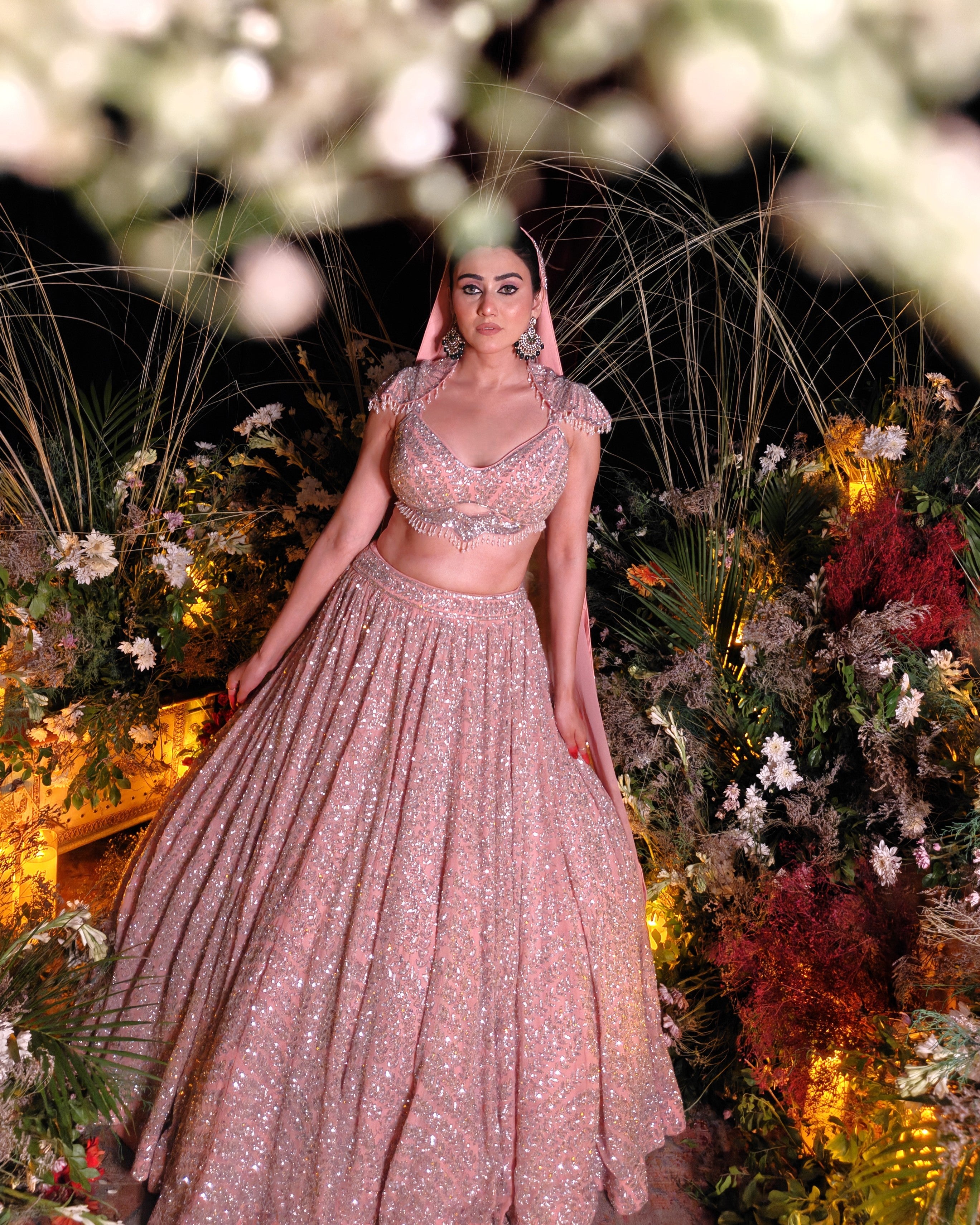 Noorie gold georgette bridal lehenga, cutdana and sequins embroidery detail, Amaltas Couture