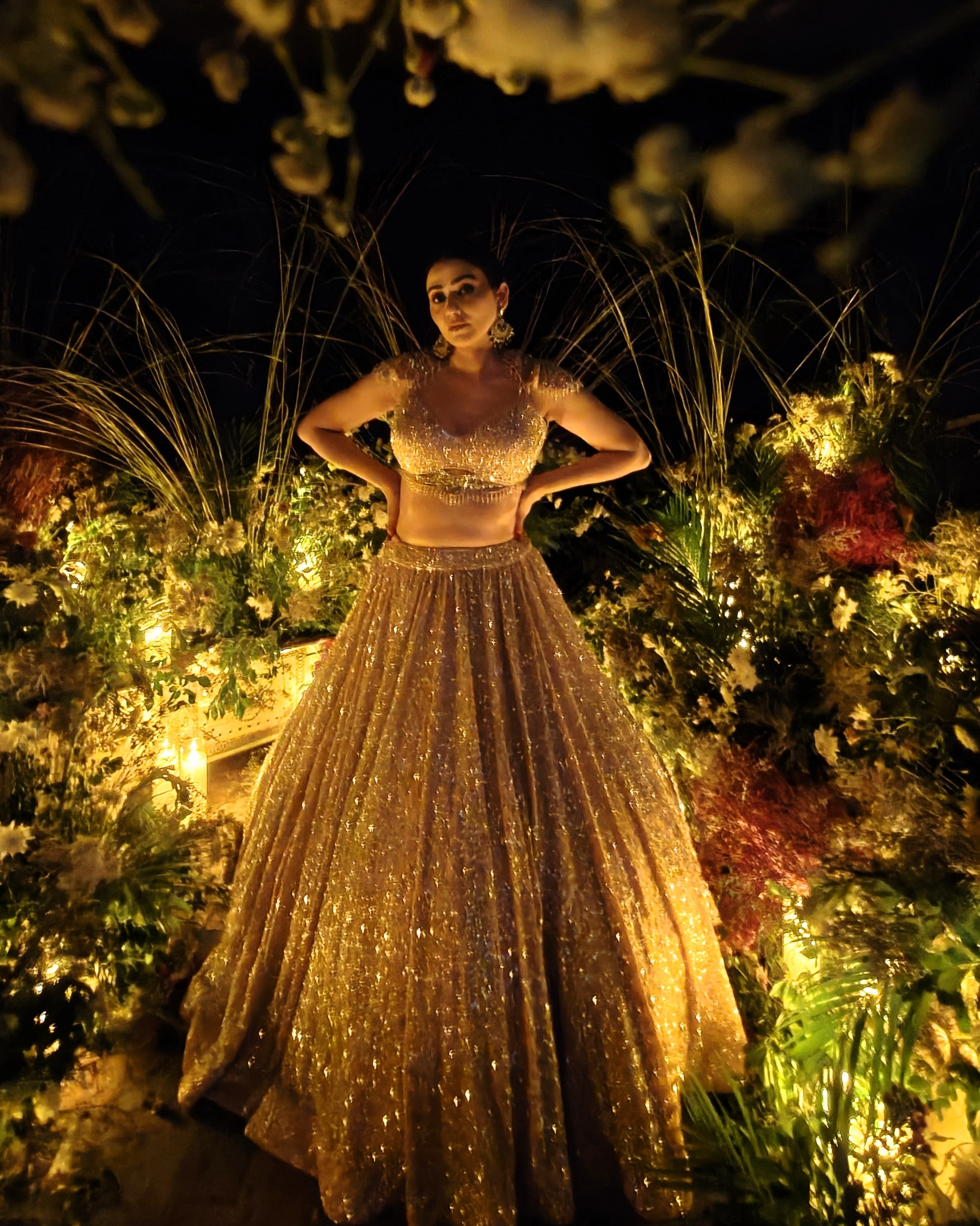 Noorie gold georgette bridal lehenga, back view, Amaltas Couture
