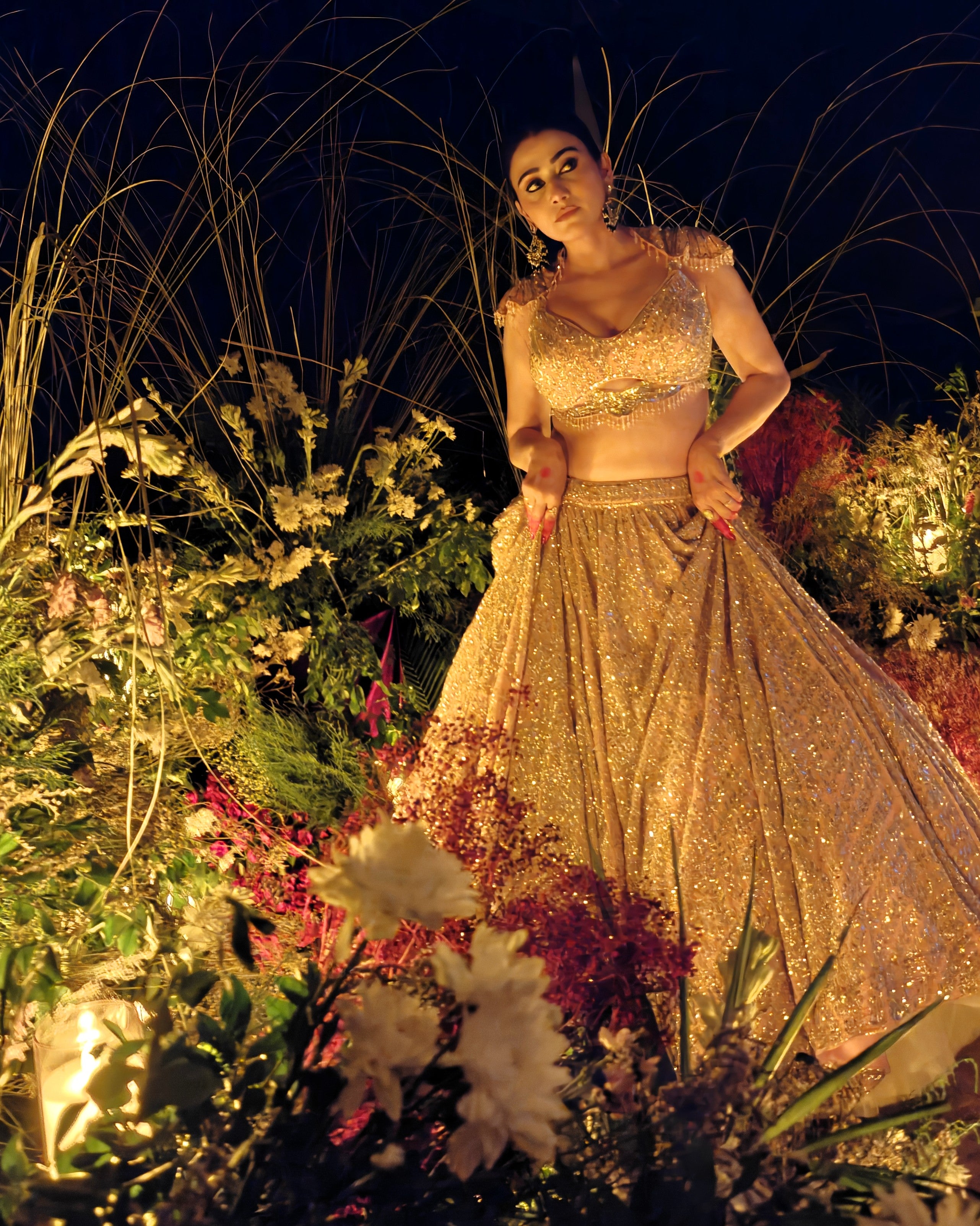 Noorie gold georgette bridal lehenga, close up of hand embroidery, Amaltas Couture