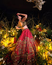 Aroosa red silk bridal lehenga, full ghera flare, Amaltas Couture