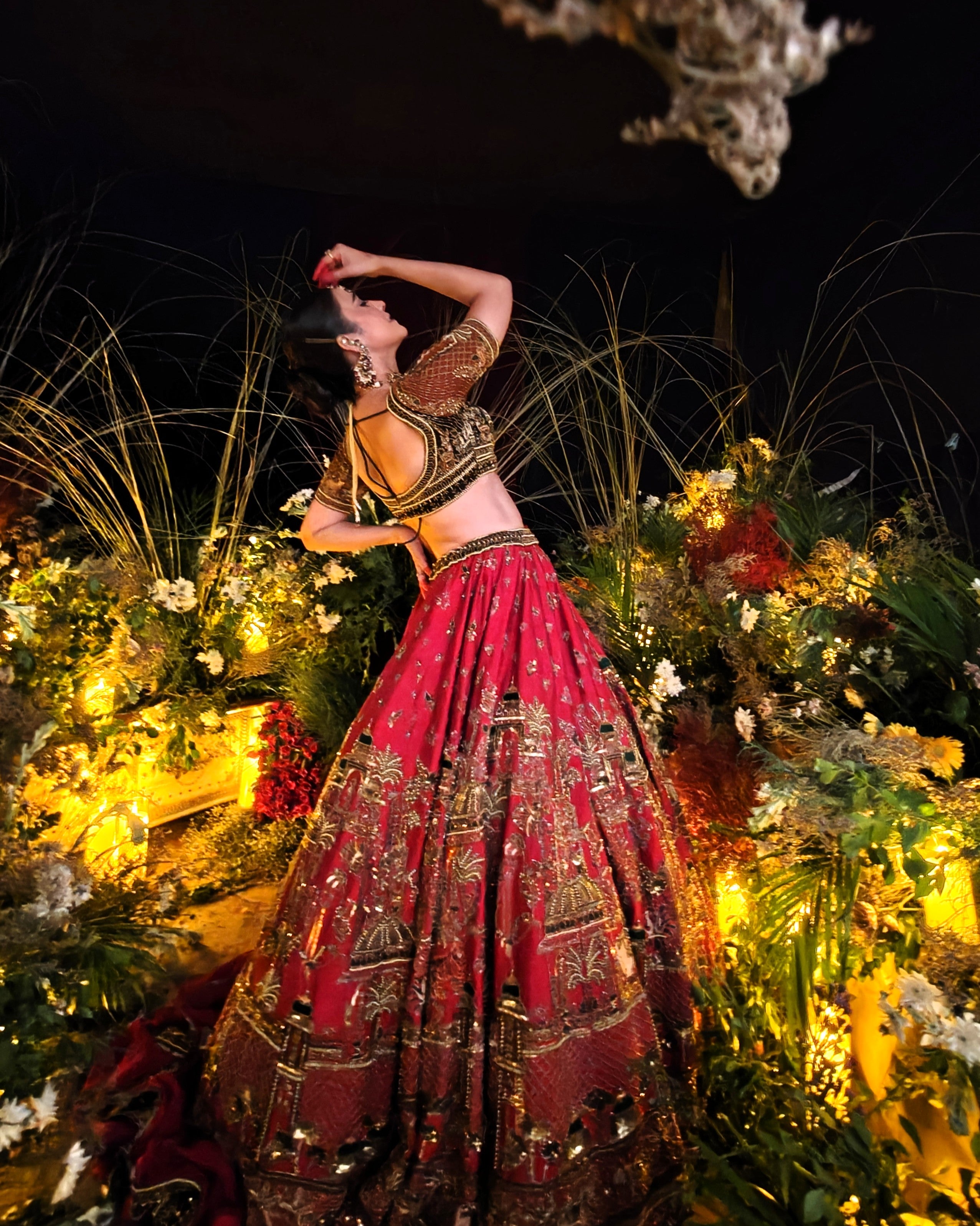 Aroosa red silk bridal lehenga, full ghera flare, Amaltas Couture
