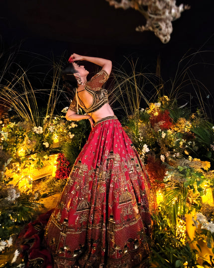 Aroosa red silk bridal lehenga, full ghera flare, Amaltas Couture